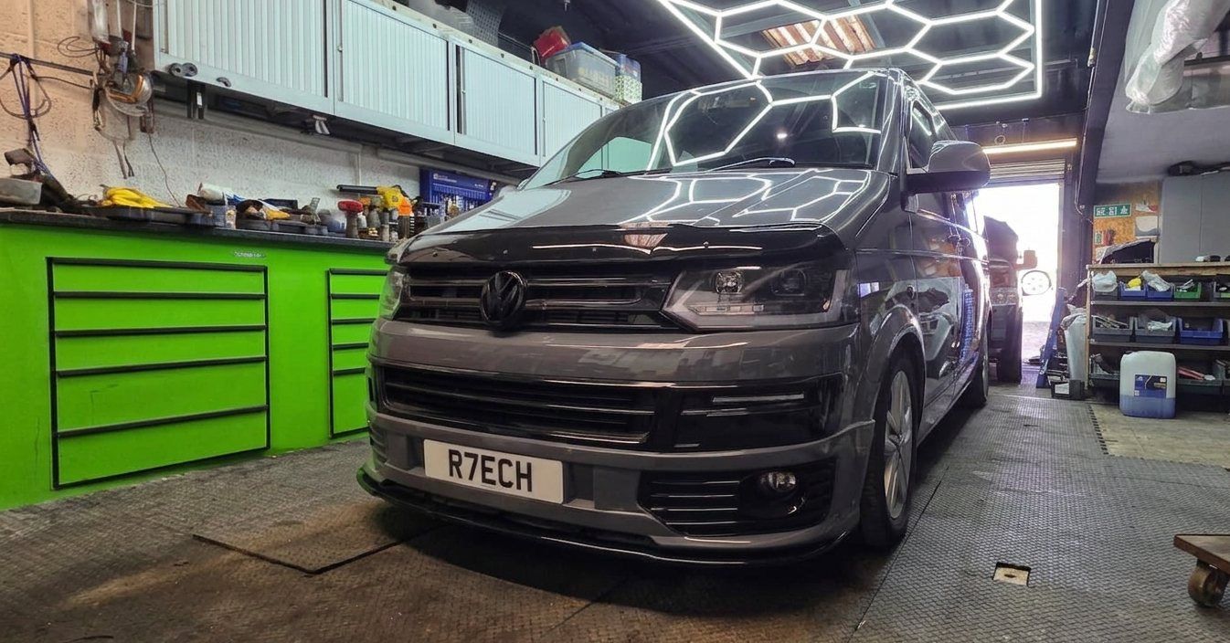 R-Tech Developments workshop — Volkswagen Transporter under the workshop's LED lighting rig