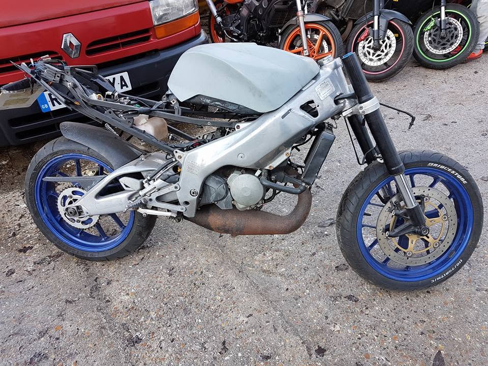 Stripped motorcycle frame, ready for rebuild